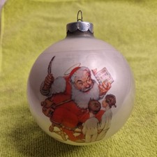 Vintage 80s Norman Rockwell Glass Christmas Ornament Santa Children Made in USA