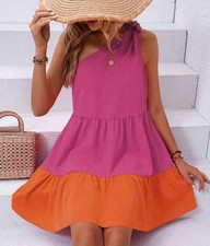 Colorblock Dress US Medium Pink Orange One Shoulder Flowy Cocktail Summer beach