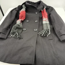 Black F.O.G Double Breasted Peacoat with Plaid Scarf Size XL GREAT CONDITION