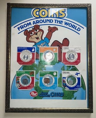 Framed  Coins From Around The World  Poster W Coins Post Super Golden Crisp 1989