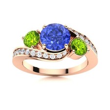 925 Silver Rose Plated 5MM Round Swiss Blue Topaz  Peridot Three Stone Ring