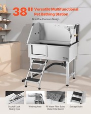 For 38 Inch Stainless Steel Dog Washing Station, Pet Grooming Tub with Hot  C