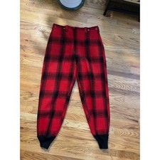 Vintage Red Black Plaid Wool Pants High Waisted Trousers Tapered Leg Cuffs