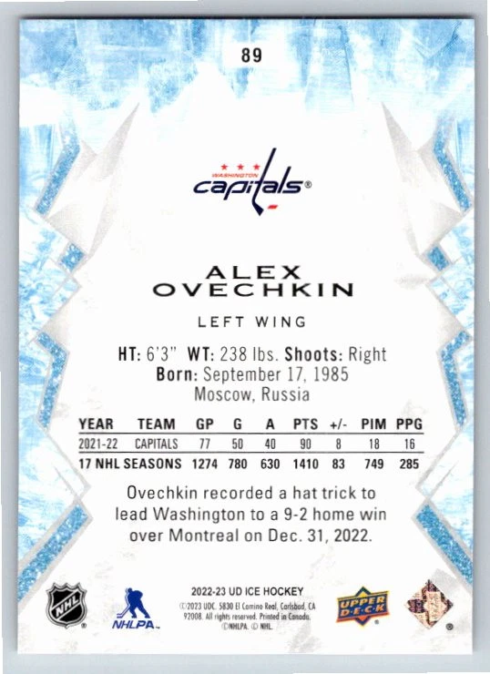 2022-23 Upper Deck Ice Purple Alex Ovechkin Washington Capitals #89 - Image 2 of 2