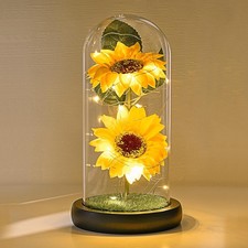 Sunflower Gifts for Women, Sunflowers Artificial Flowers in Glass Dome with LED