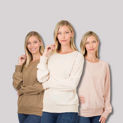 Women's Round Neck Long Sleeves Top Smocked Hem Soft Woven Shirt Blouse