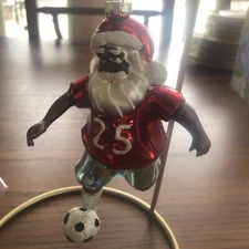 St Nicholas Square Dark Skin  SANTA Playing Soccer Glass Ornament