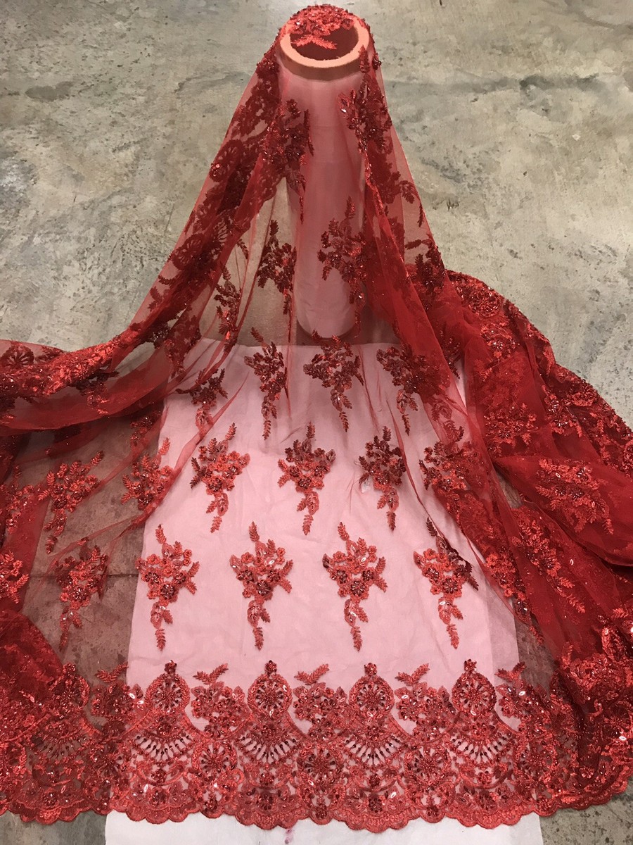 Red Beaded Sequins Embroidery Bridal Lace Fabric 50” Width Sold By