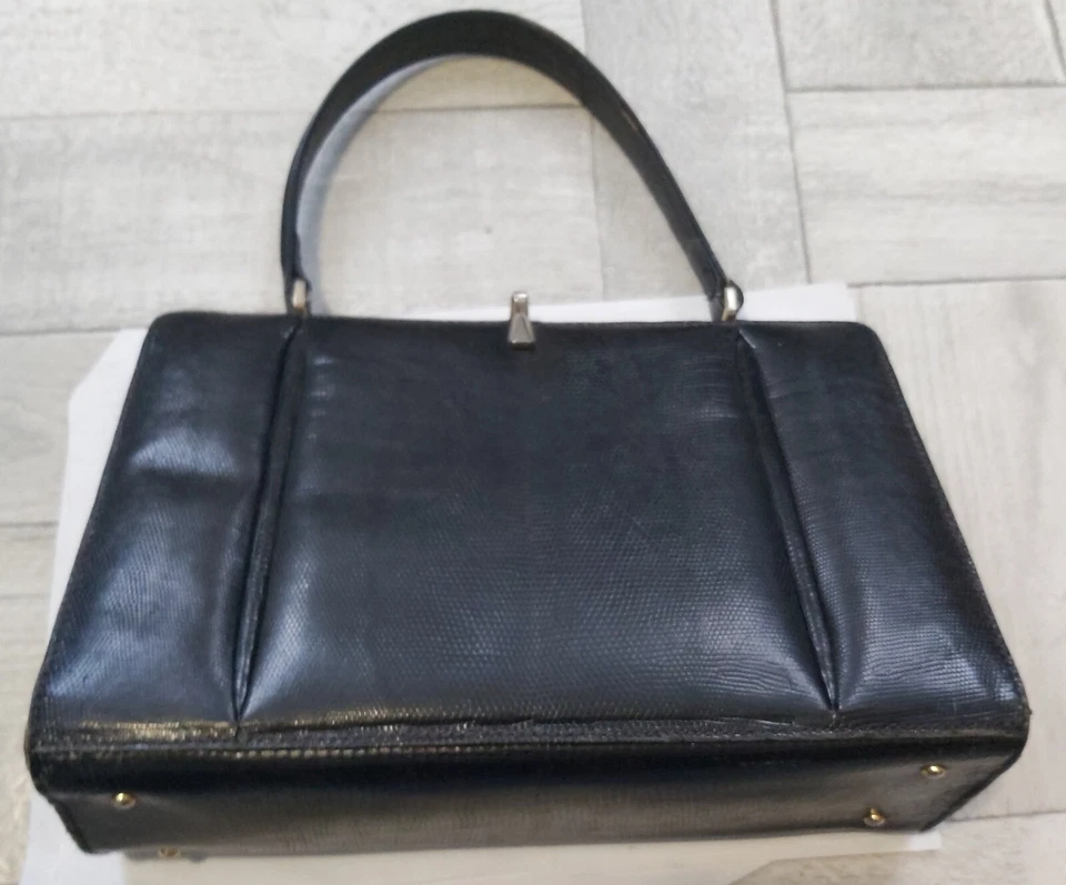 sac à main ancien noir en lézard véritable - Photo 1/4