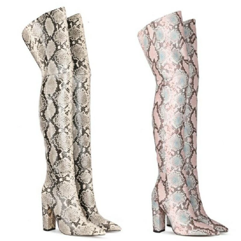 45 Womens Block Heel Pointy Toe Snakeskin Pattern Over the knee Thigh High Boots