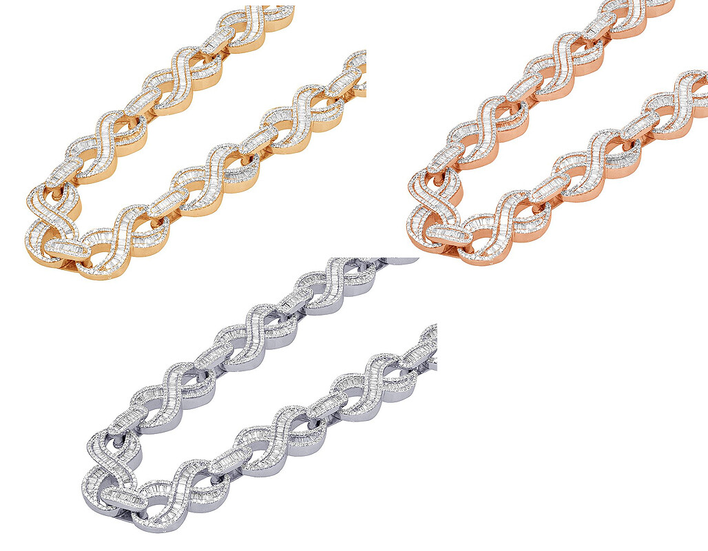 Baguette 12.95 CT Diamond Infinity Link Cuban Chain Necklace Gold
