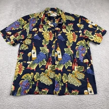 Paradise Found Hawaiian Shirt Mens XL Navy Wine Grapes Bottles Camp Aloha Print