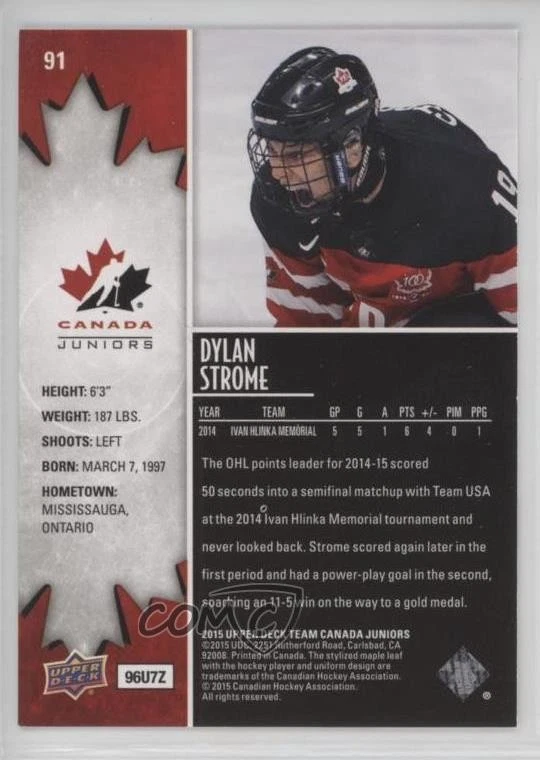 2015 Upper Deck Team Canada Juniors Gold Dylan Strome #91 - Image 2 of 2