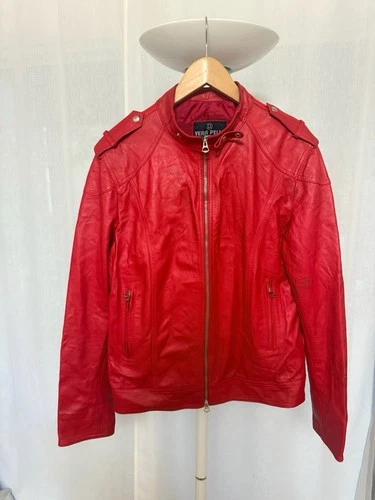 Vera Pelle Men’s Red Genuine Leather Biker Jacket Made in Italy Size 52 - product listing photo