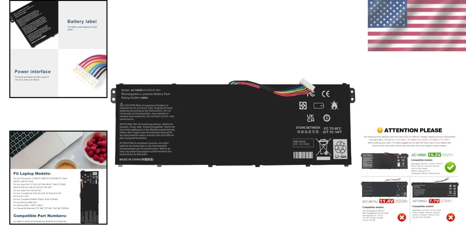 Аккумулятор AC14B8K для Acer Chromebook и Aspire V3-371 4 ячейки 48 Втч перезаряжаемый - Изображение 2 из 4