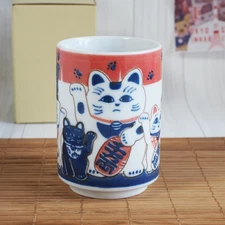 Japanese Sushi Yunomi Cup Mino Ware 'Lucky Cat Maneki-neko' Porcelain JAPAN MADE