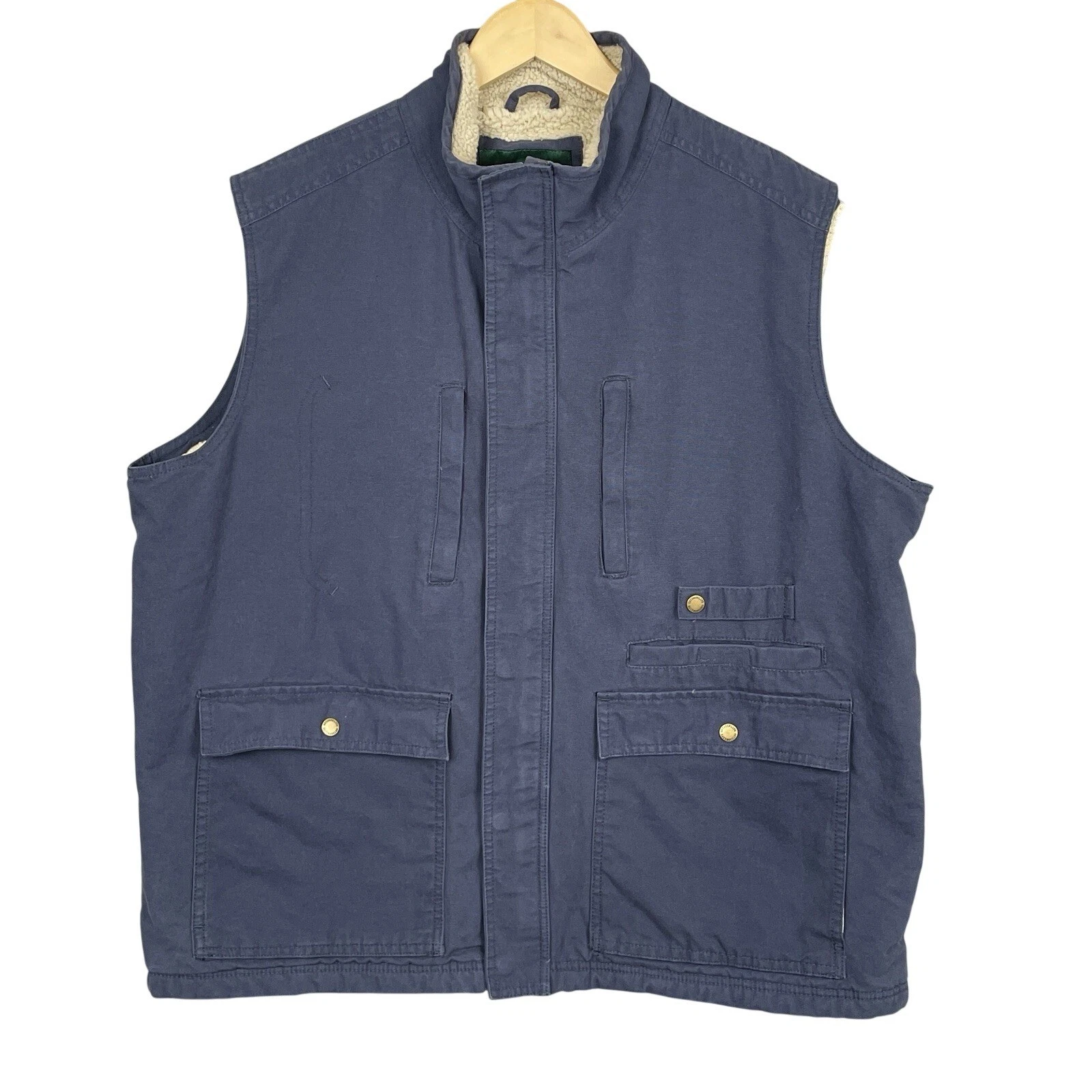 Outdoor Life Blue Sherpa Lined Canvas Utility Work Vest Men XL Full Zip Gorpcore