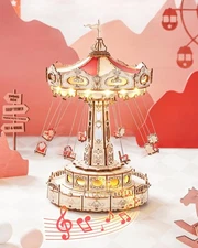 ROKR 3D Puzzles Wooden Music Box Kit with LED, Rotating Swing Ride Mechanical...