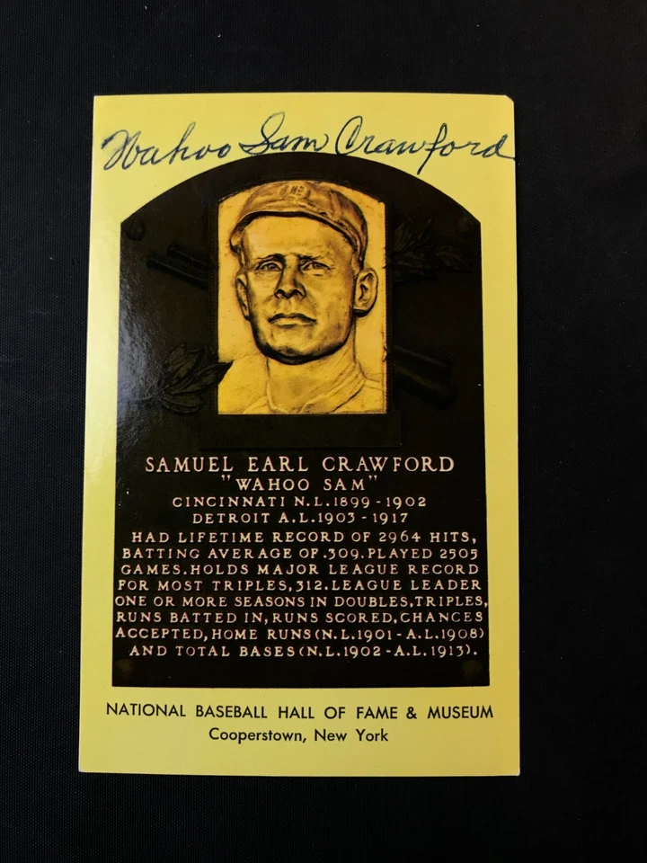 Signed Wahoo Sam Crawford TWICE SIGNED HOF Hall of Fame Plaque Postcard JSA! ‘67 - Image 2 of 3