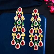 Multicolor Rainbow CZ Long Drop Tassel Earring for Women Chic 925 Silver Jewelry