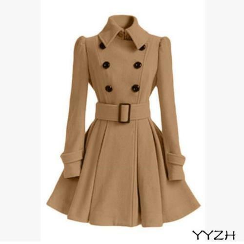 Womens Double Breasted Slim Fit Woolen Long Jacket Overcoat Belt Trench Coat New - Bild 2 von 14