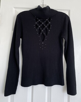 Newport News Ribbed Turtleneck Sweater with Beaded Open Cross