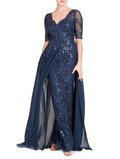 Teri Jon by Rickie Freeman Layered Chiffon & Sequin Gown, V-neck Size 4 $740 NWT