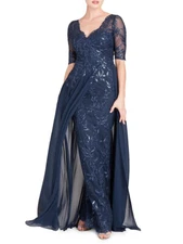 Teri Jon by Rickie Freeman Layered Chiffon & Sequin Gown, V-neck Size 4 $740 NWT