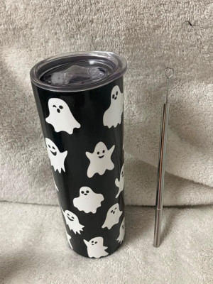 Black & White Ghost Design Stainless Steel  Tumbler Cup - Halloween NEW
