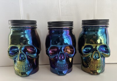 Glass Skull Tumblers Drinking Jars w/ Lid & Straws Iridescent 3-D TIKI Set Of 3