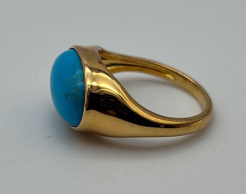 Vintage Turquoise Oval Cab Stone Sterling Silver Vermeil 925 Ring Size 7.25 TF - Picture 5 of 7