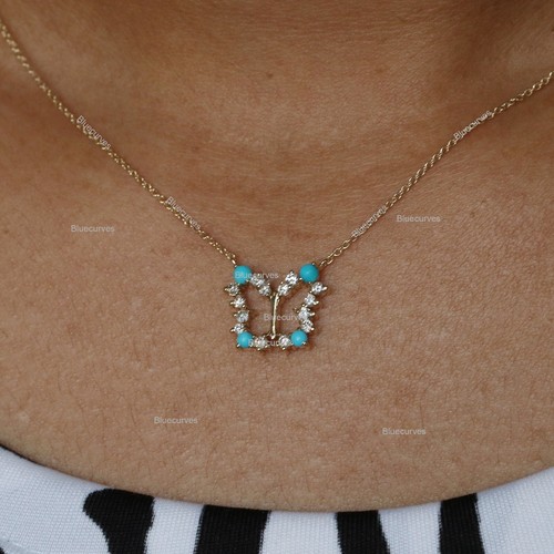 Arizona türkis & nieten natürliche Diamanten Schmetterlingskette Halskette 14k Gold - Bild 4 von 4
