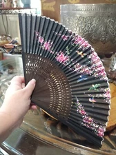 Vintage 1950s wood, fabric ladies hand fan. Cherry blossoms, birds