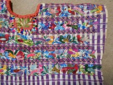 Antique Huipil Santiago Atitlan Guatemala Hand-Embroidered Birds Purple Stripes