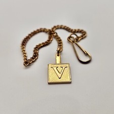 Gold Tone Pocket Watch Curb Link Chain Initial V Fob Timeless
