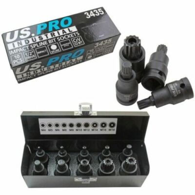 US PRO Impact Spline Bit Sockets Set 10pc 1/2'' Drive In Case M4 - M18 3435