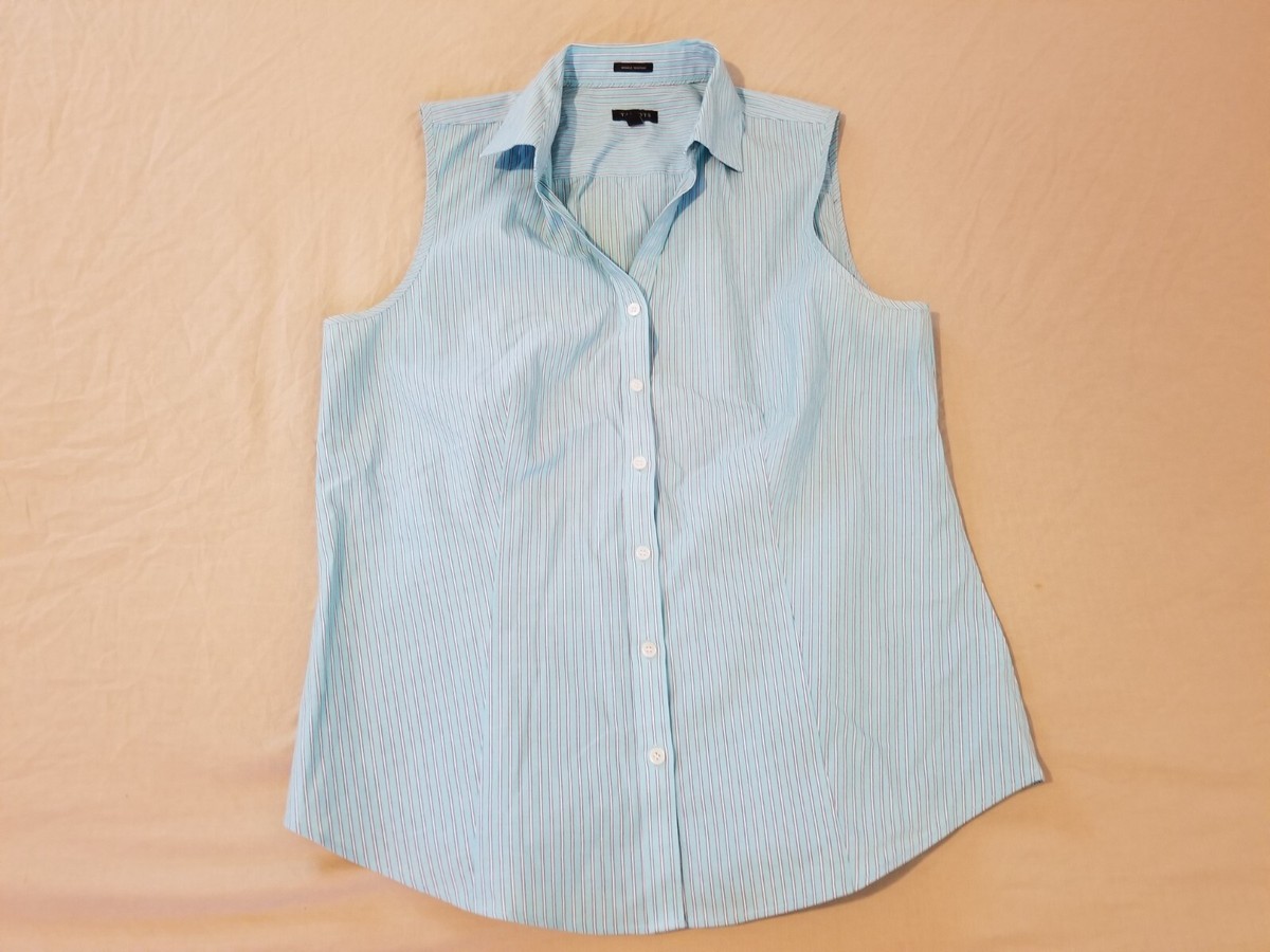 Womens Talbots Sleeveless Dress Shirt 10 Blue Button Cotton Blouse