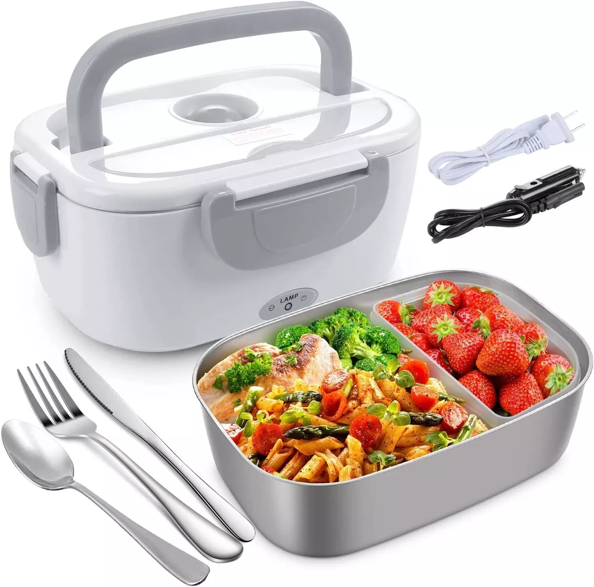 Eocolz Electric Lunch Box Food Heater Warmer 60W, 2 in 1 Portable Lunch Box for Car Truck Home Work Leak Proof with 1.5L Removable 304 Stainless