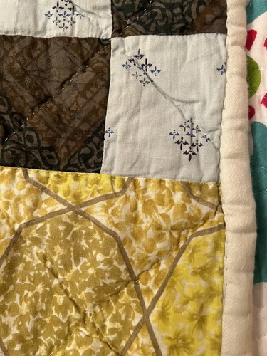 Blocchi trapunta vintage fatti a mano patchwork 87” x 68” giallo marrone blu LEGGI - Foto 7 di 9