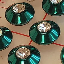 15 Shiny Kelly Green Domed Metal Shank Buttons Rhinstone Center Vintage 1/2"