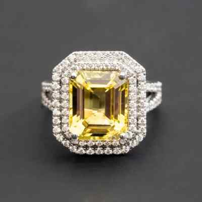 3.60 Ct Emerald Cut Real Yellow Sapphire Diamond Engagement Ring 14K White Gold
