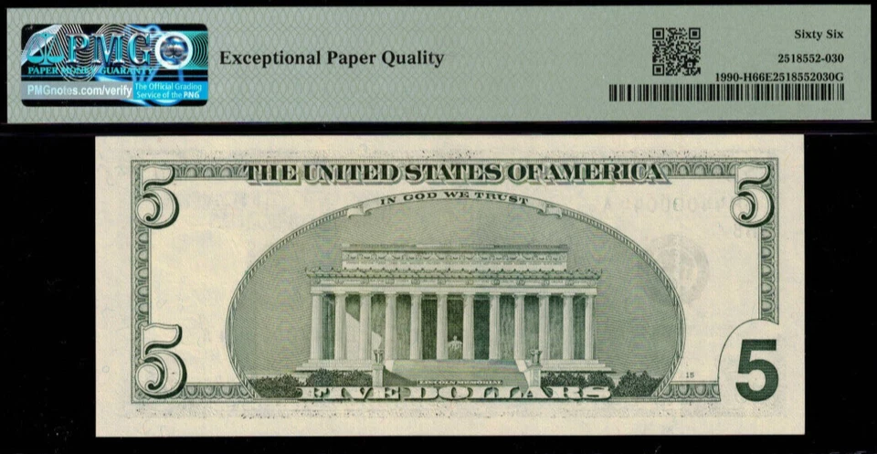 2003A $5 Federal Reserve Note PMG 66EPQ - Birthday -Radar Serial Number 44000044 - Image 3 of 3