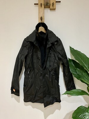 Superdy Men's Double Black Label Coated Canvas Cotton Trench Parka Coat Size S
