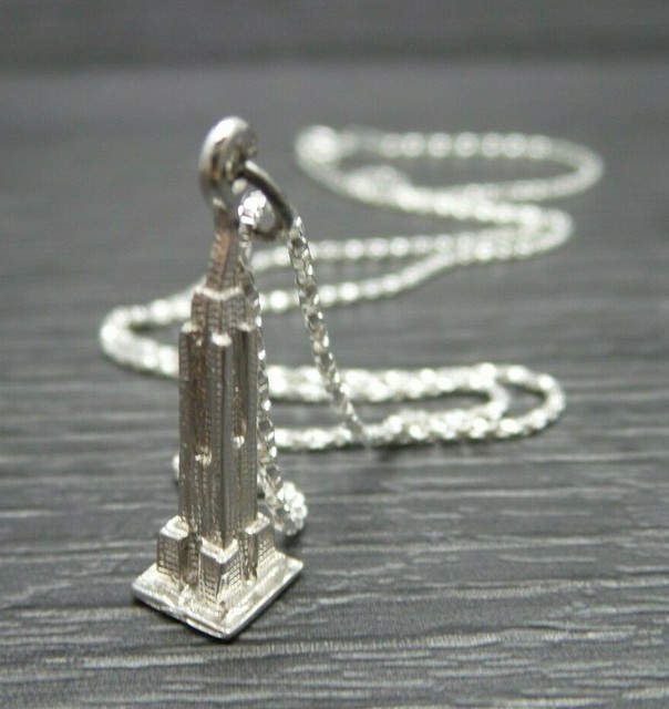 Vintage Sterling Silver NYC Empire States Building Pendant Box Necklace