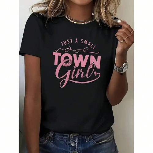 Women's Letter Printed Round Neck T-shirt, Fashionable Seasonal Top - Picture 7 of 12