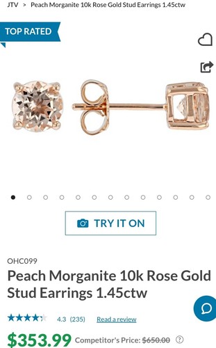 10k Rose Gold 6MM Round Cut 1.45ctw Peach Morganite Stud Earrings NWT OHC099 JTV - Picture 11 of 11