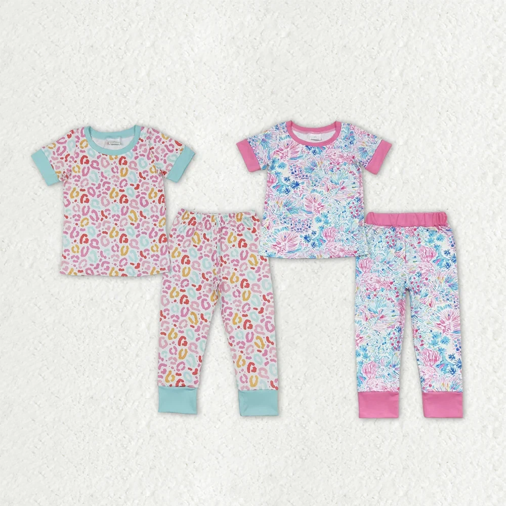 Sibling Baby Girls Short Sleeve Floral Leopard Top Pants Pajamas Clothes Sets