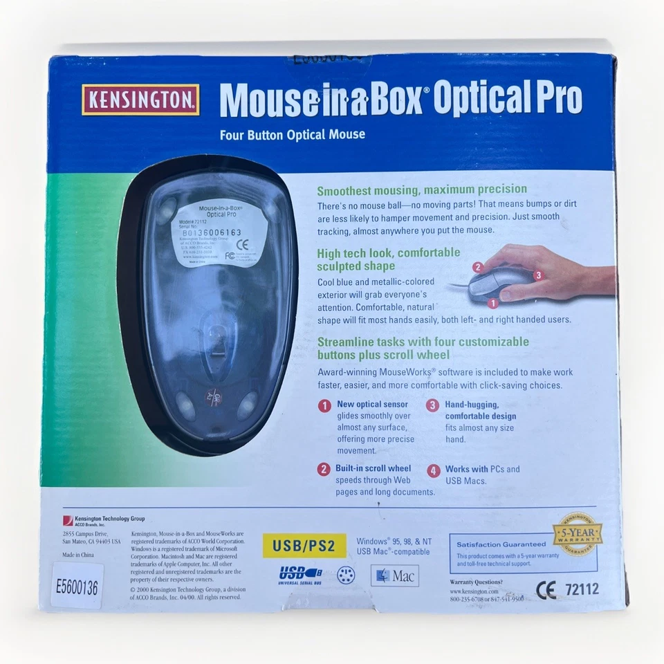 Kensington 72112 Mouse In A Box Optical Pro 4 Button USB/PS2 Mouse *NEW VINTAGE* - Image 2 of 4