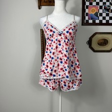 Laura Ashley Red and Blue Floral Print Camisole  Shorts Pajama Set w/ Lace Trim