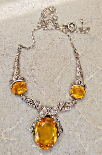 ANTIQUE SILVER MARCASITE CITRINE NECKLACE JEWELLERY ART DECO CZECH
